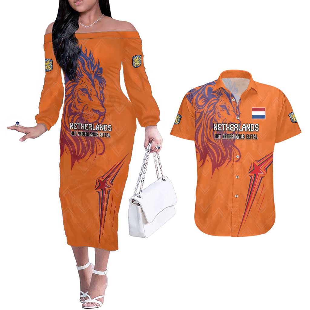 Custom Netherlands Football Couples Matching Off The Shoulder Long Sleeve Dress and Hawaiian Shirt Oranje Lion - Wonder Print Shop