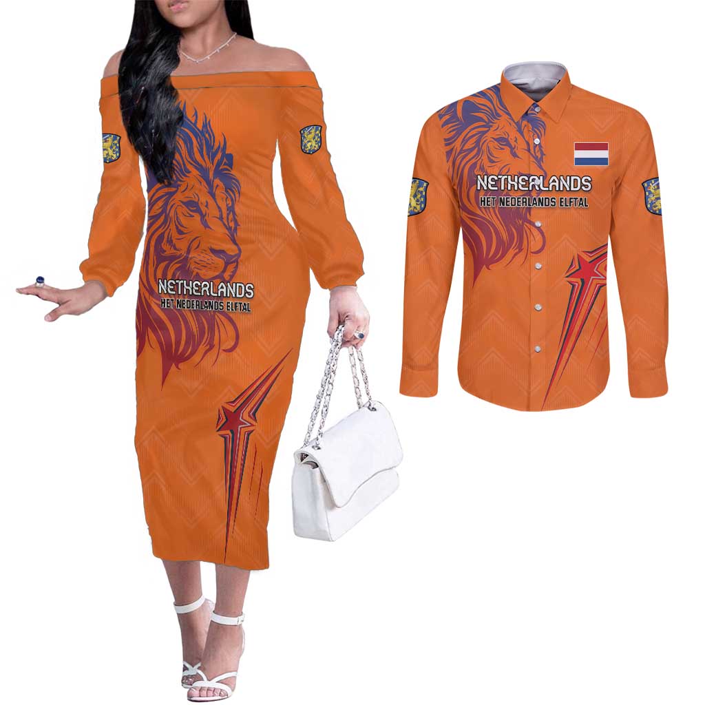 Custom Netherlands Football Couples Matching Off The Shoulder Long Sleeve Dress and Long Sleeve Button Shirt Oranje Lion