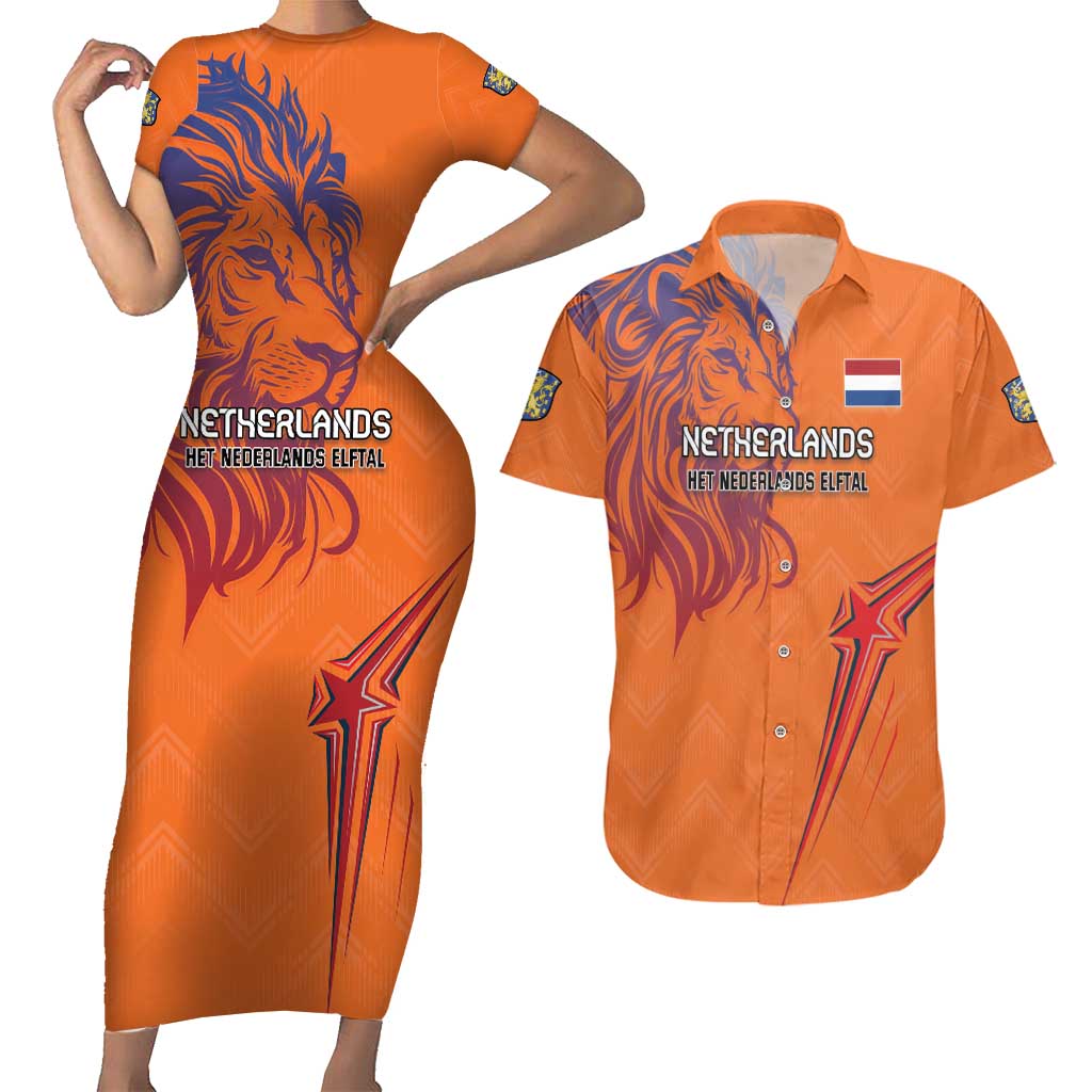 Custom Netherlands Football Couples Matching Short Sleeve Bodycon Dress and Hawaiian Shirt Oranje Lion - Wonder Print Shop