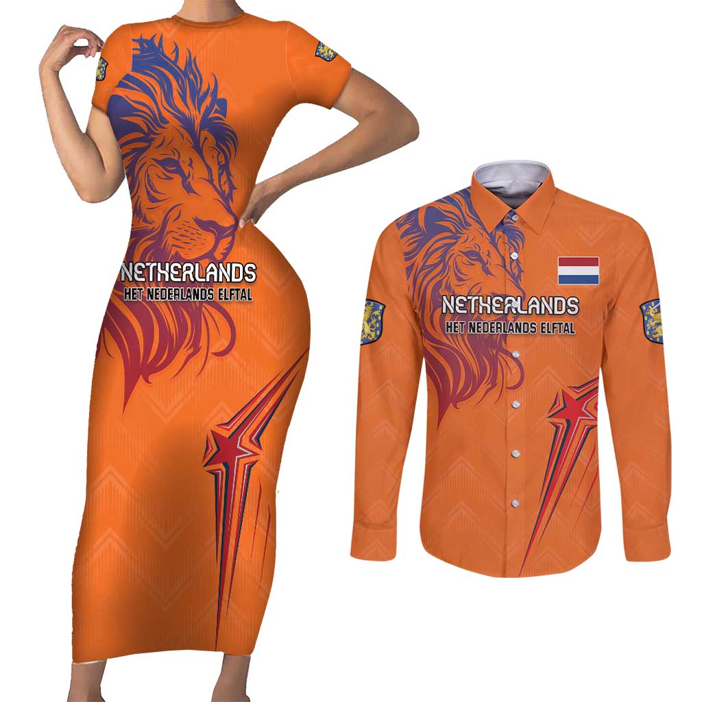 Custom Netherlands Football Couples Matching Short Sleeve Bodycon Dress and Long Sleeve Button Shirt Oranje Lion - Wonder Print Shop