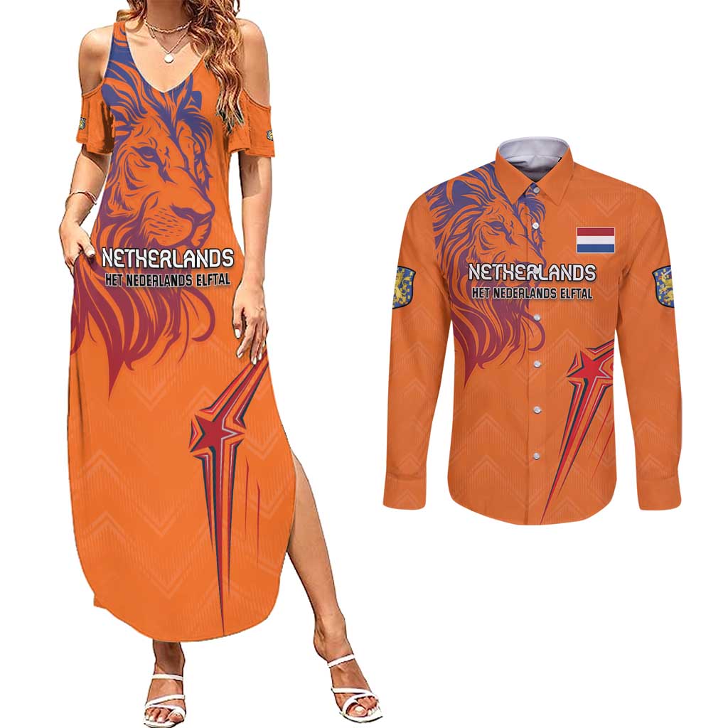 Custom Netherlands Football Couples Matching Summer Maxi Dress and Long Sleeve Button Shirt Oranje Lion - Wonder Print Shop