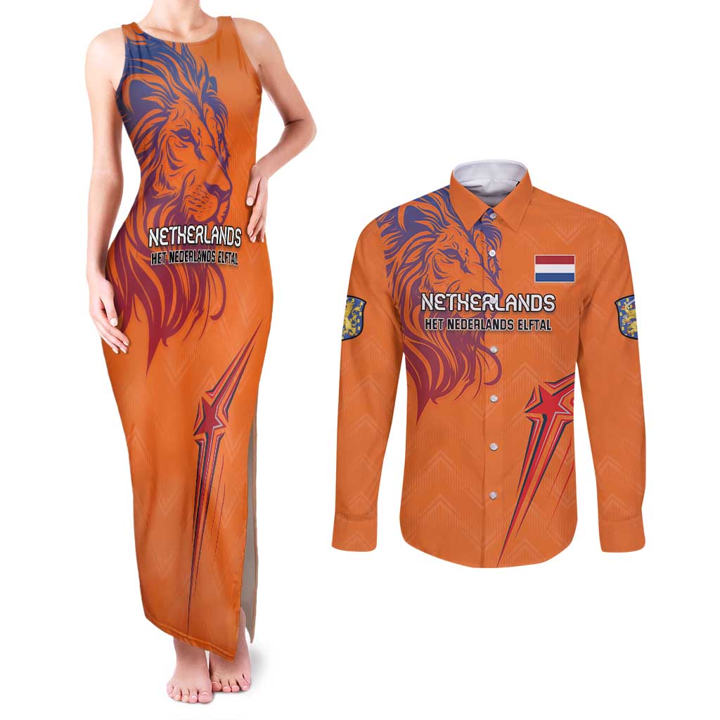 Custom Netherlands Football Couples Matching Tank Maxi Dress and Long Sleeve Button Shirt Oranje Lion - Wonder Print Shop