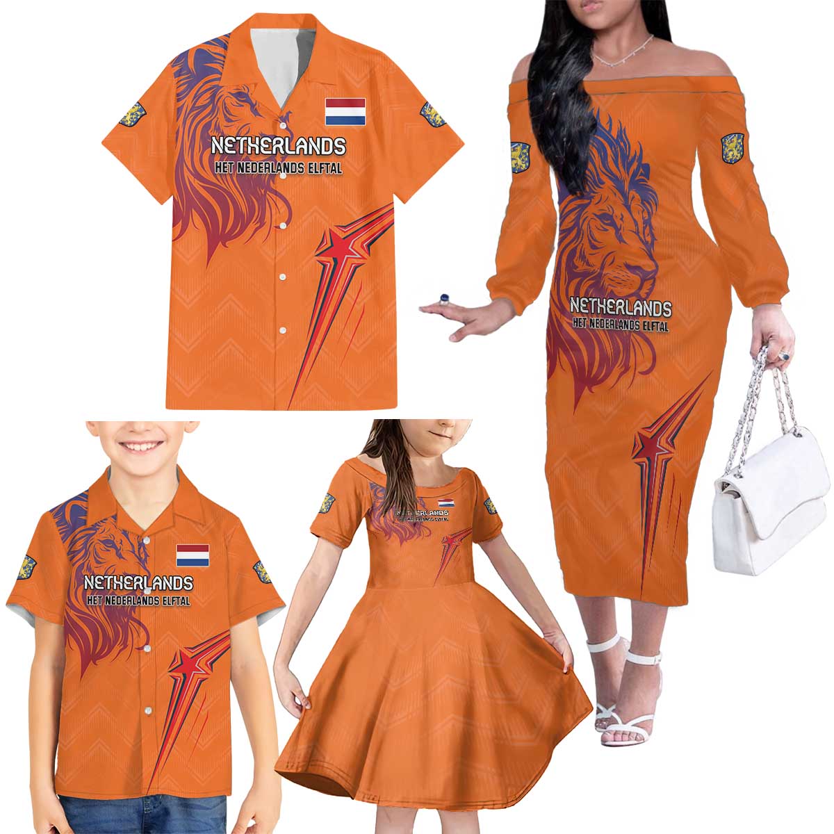 Custom Netherlands Football Family Matching Off The Shoulder Long Sleeve Dress and Hawaiian Shirt Oranje Lion - Wonder Print Shop