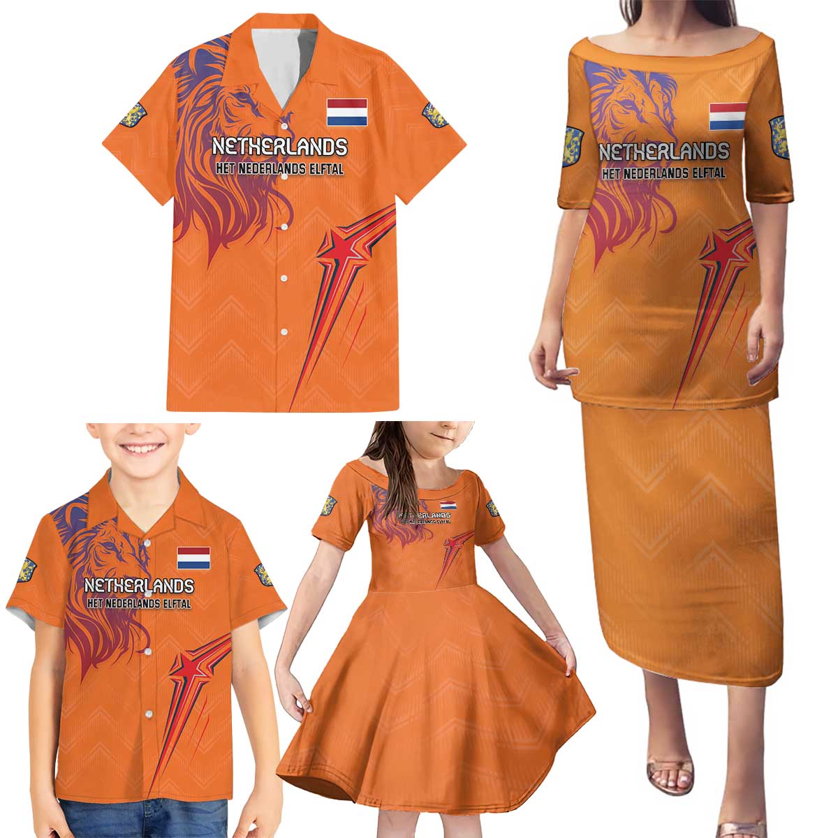 Custom Netherlands Football Family Matching Puletasi and Hawaiian Shirt Oranje Lion - Wonder Print Shop