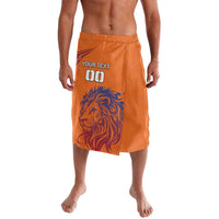 Orange lavalava-style skirt with lion graphic and custom text front