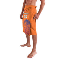 Orange lavalava-style skirt with lion graphic and side slit