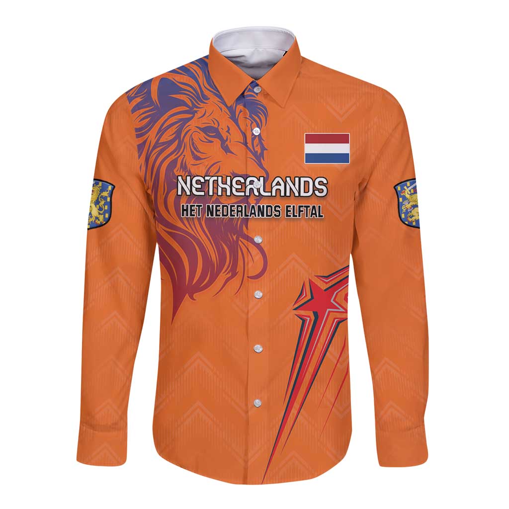 Orange long sleeve button shirt with lion graphic and Netherlands flag crest