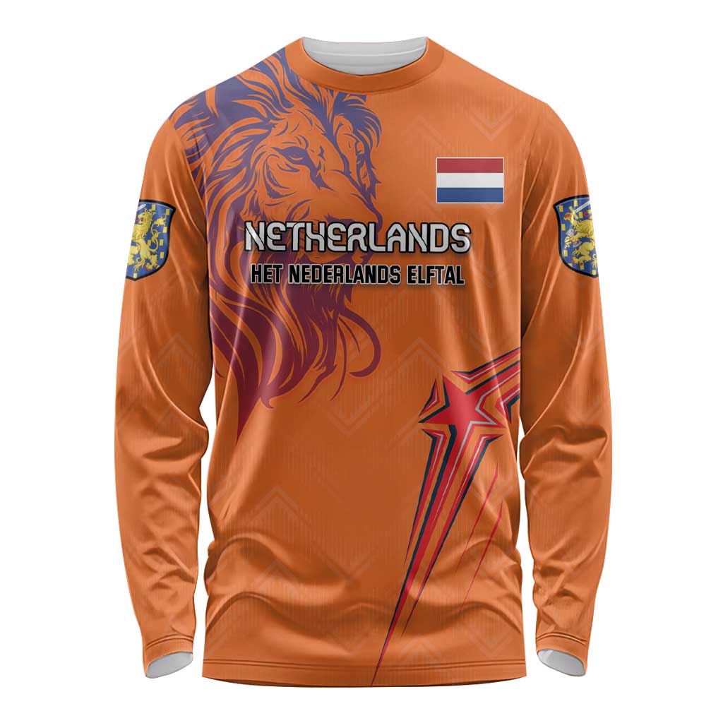 Orange long-sleeve football shirt with lion graphic and Netherlands text, crew neck cuffs