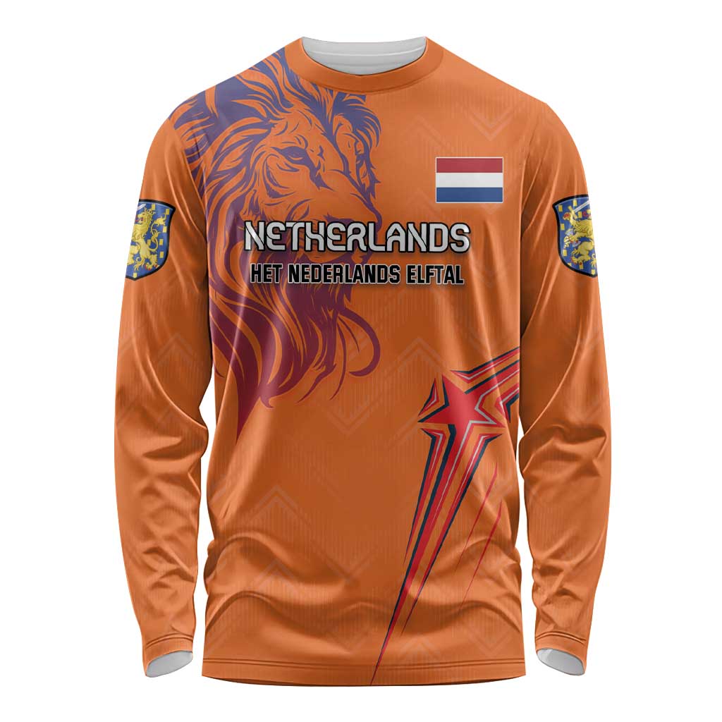 Custom Netherlands Football Long Sleeve Shirt Oranje Lion - Wonder Print Shop