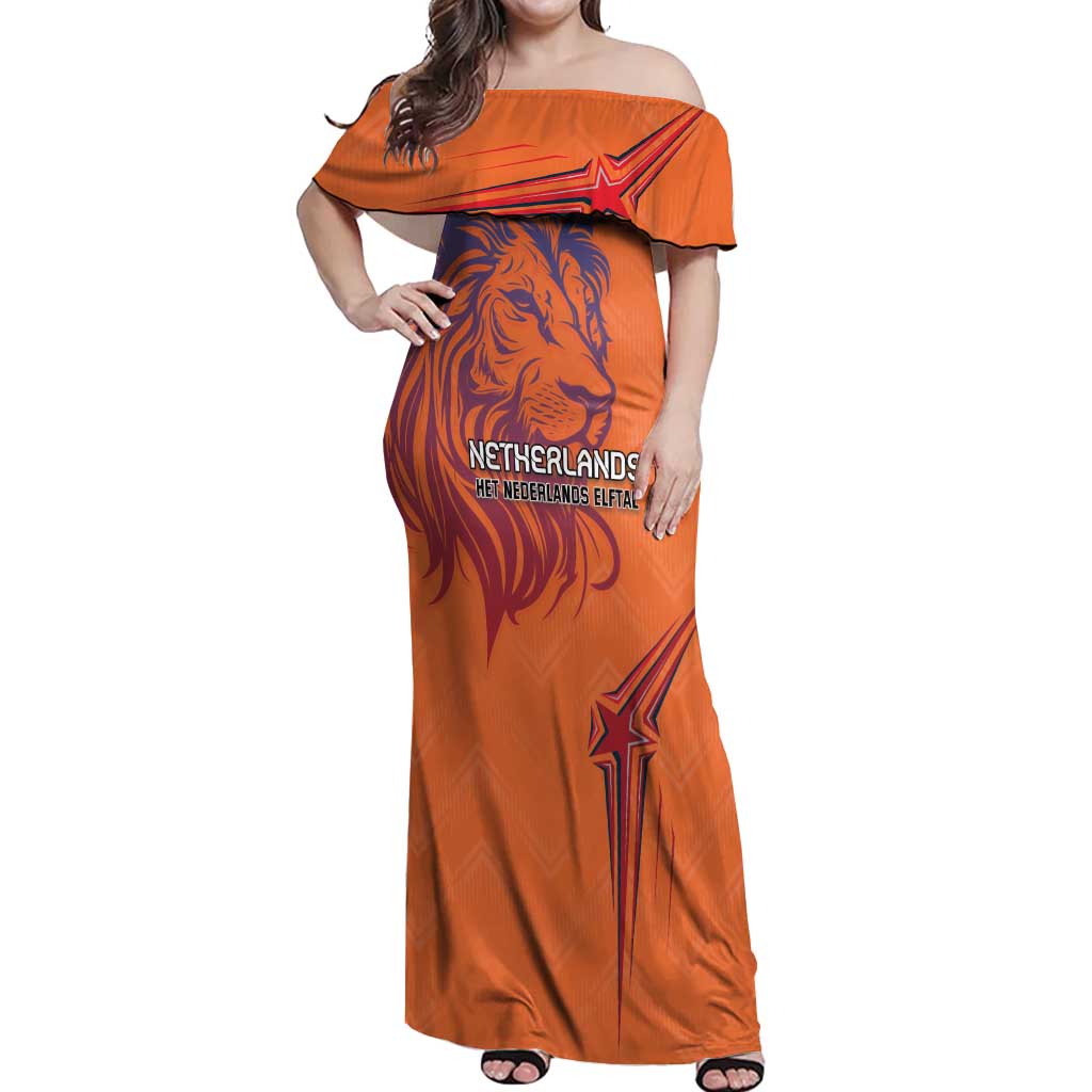 Custom Netherlands Football Off Shoulder Maxi Dress Oranje Lion - Wonder Print Shop