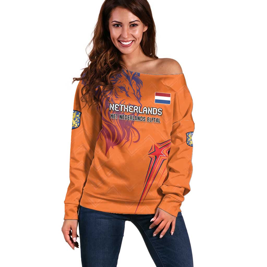 Custom Netherlands Football Off Shoulder Sweater Oranje Lion - Wonder Print Shop