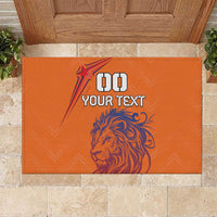Orange rubber doormat showing lion graphic and "GO YOUR TEXT" front design