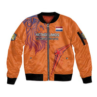 Orange zip bomber jacket with lion graphic, Netherlands flag patch, ribbed cuffs