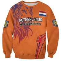 Orange crewneck sweatshirt with Netherlands flag and lion graphic, long sleeves