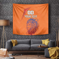 Orange lion head tapestry with star graphic and 00 YOUR TEXT design