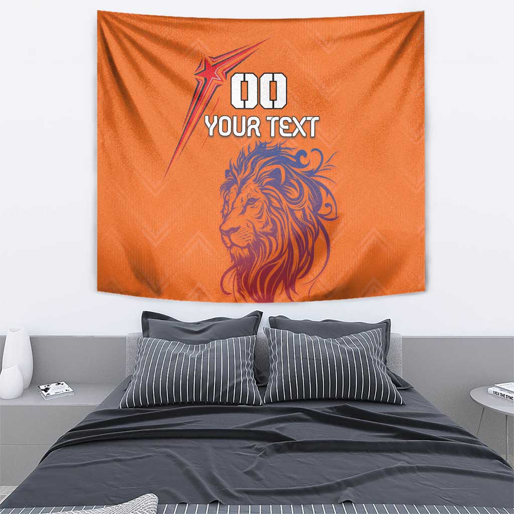 Orange lion tapestry with star symbol and 00 YOUR TEXT, centered