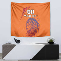 Orange lion wall tapestry with starburst graphic and 00 YOUR TEXT