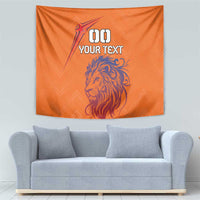 Orange lion head tapestry with star graphic and 00 YOUR TEXT, full view