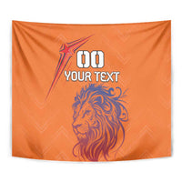 Orange lion head tapestry close-up with 00 YOUR TEXT and starburst