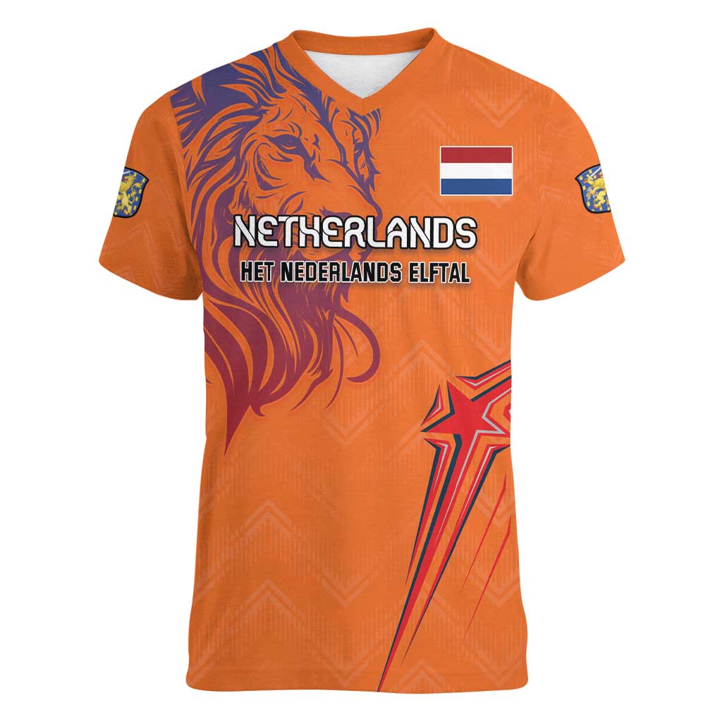 Custom Netherlands Football Women V-Neck T-Shirt Oranje Lion