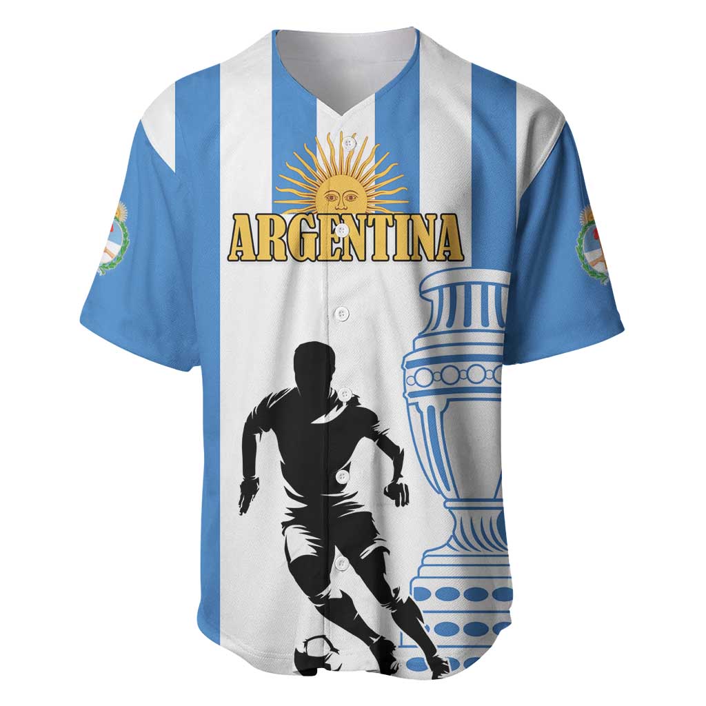 Mens short-sleeve baseball jersey, blue and white vertical stripes with Argentina graphic