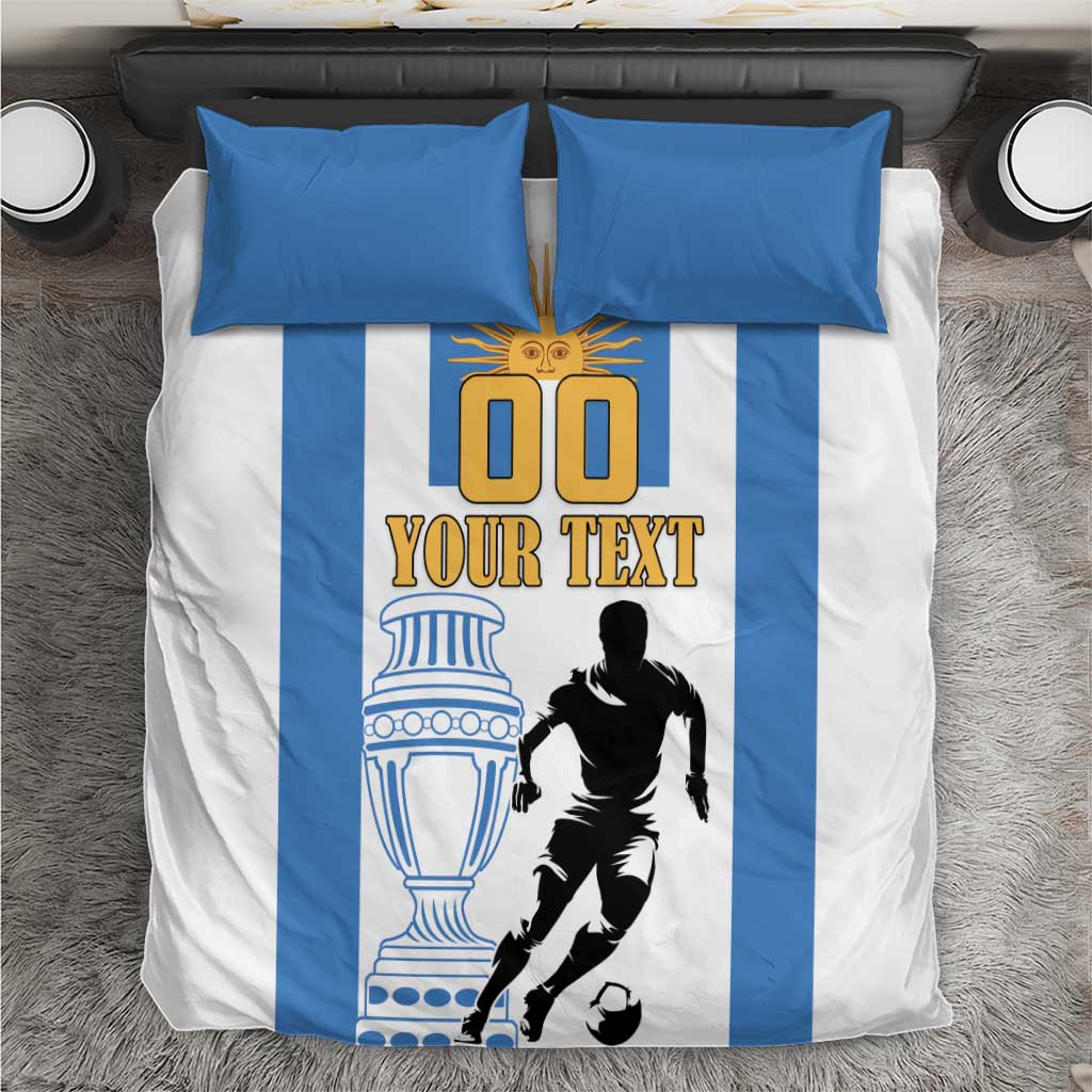 Football bedding set with blue-and-white striped duvet, two blue pillows, player and crest graphic