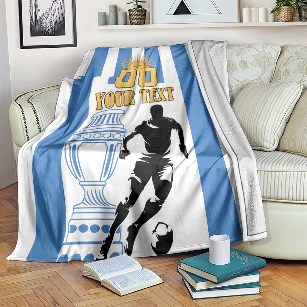 Argentina football blanket in blue and white with goalie silhouette and “Your Text”