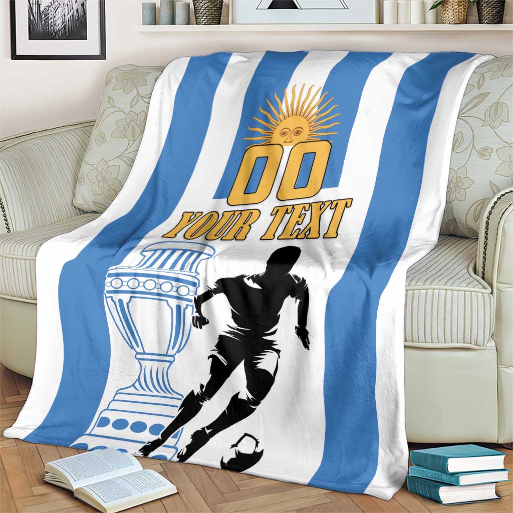 Argentina football blanket on armchair, blue and white stripes with “Your Text”