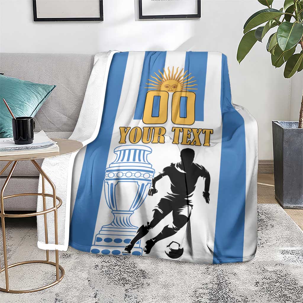Argentina football blanket on rug, blue/white stripes with “Your Text” and player