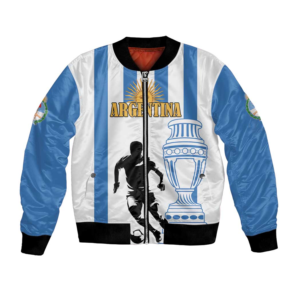 White and blue striped bomber jacket with Argentina graphic and soccer player, ribbed cuffs