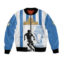 White and blue striped bomber jacket with Argentina graphic and soccer player, ribbed cuffs