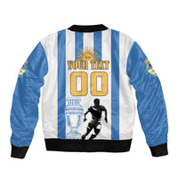 White and blue striped bomber jacket with customizable text, number 00, and trophy graphic