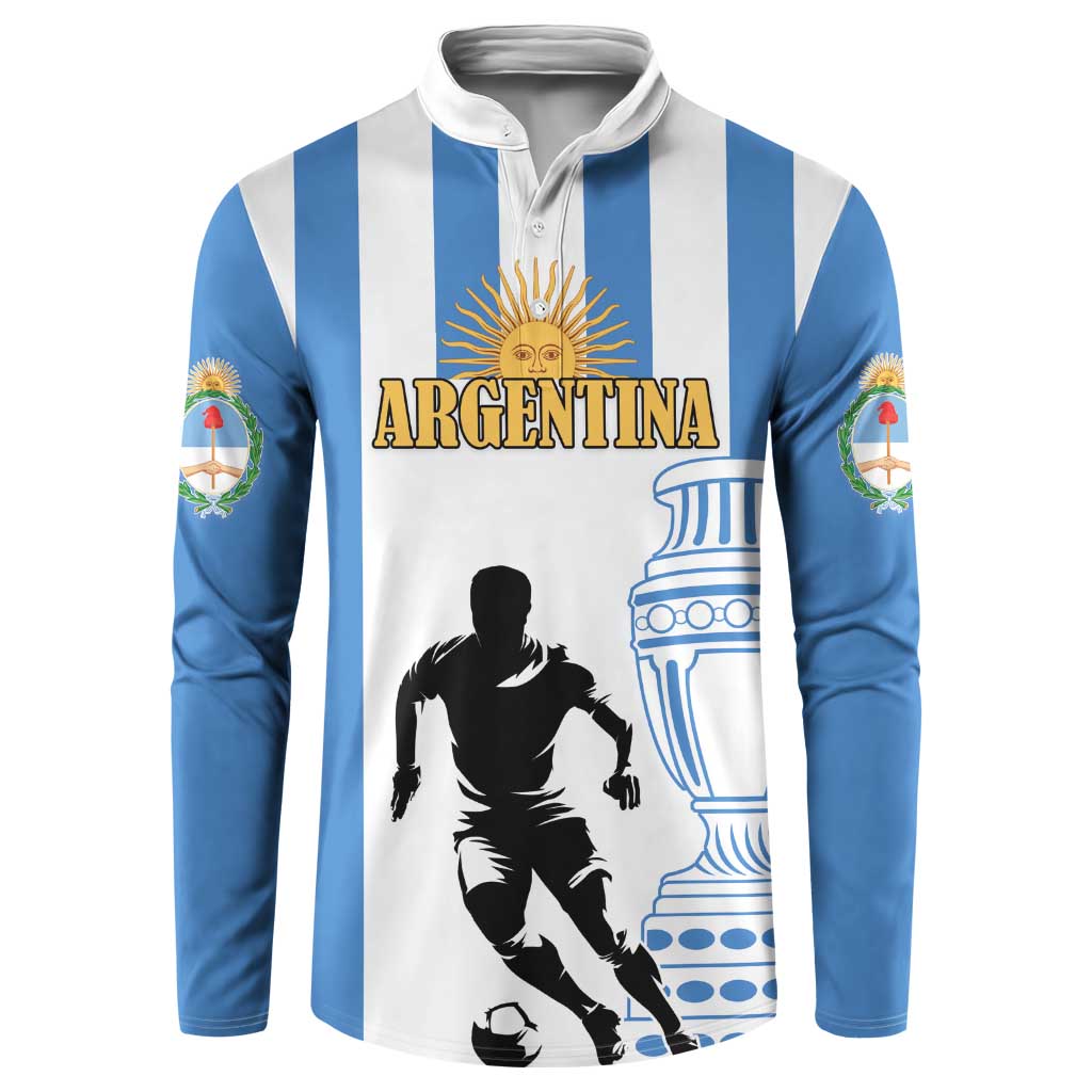 Argentina button sweatshirt, blue and white striped with hood and ARGENTINA crest graphic