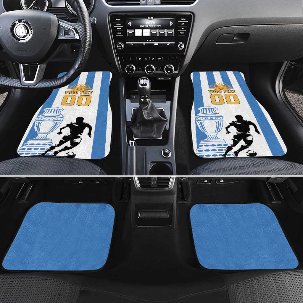 Custom Argentina football car mats with blue-and-white stripes, gold '00', player graphic