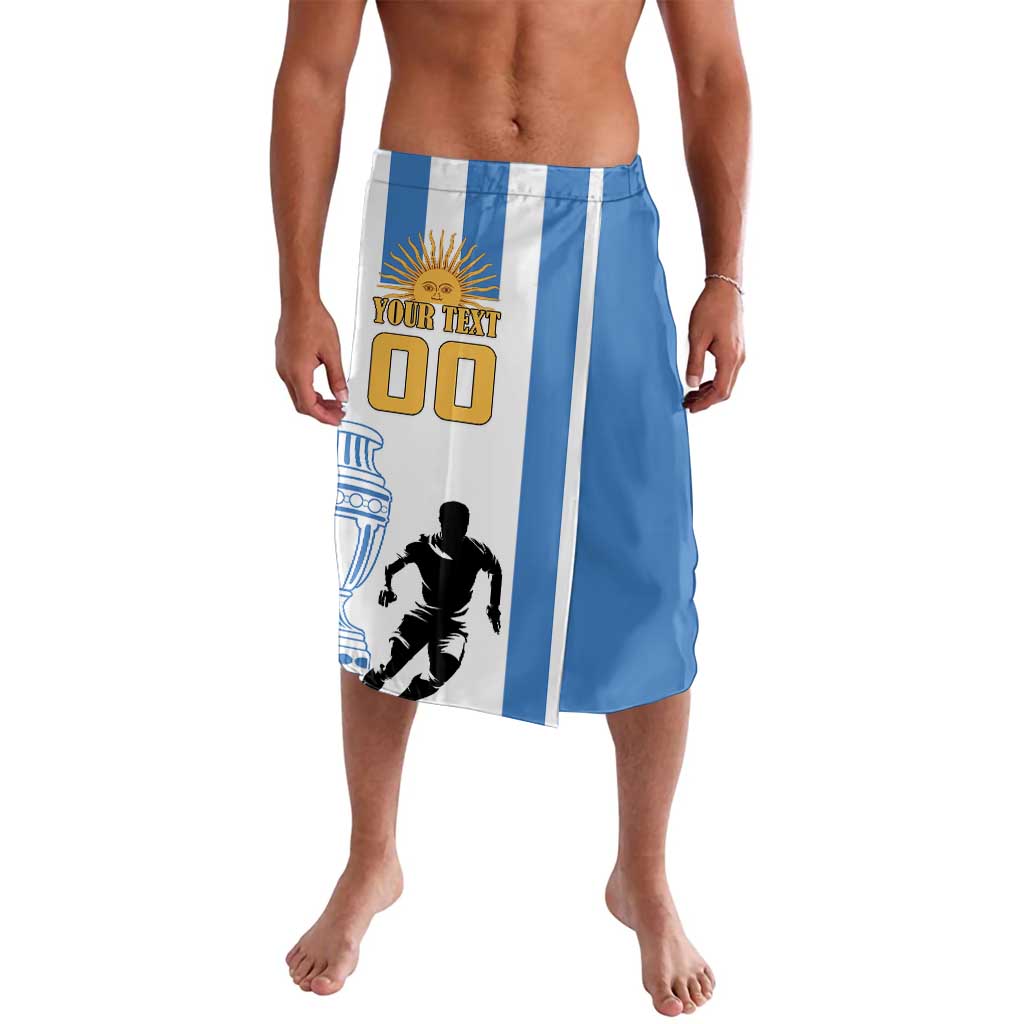 Football-themed lavalava shorts in white and blue with stripe panels and player graphic