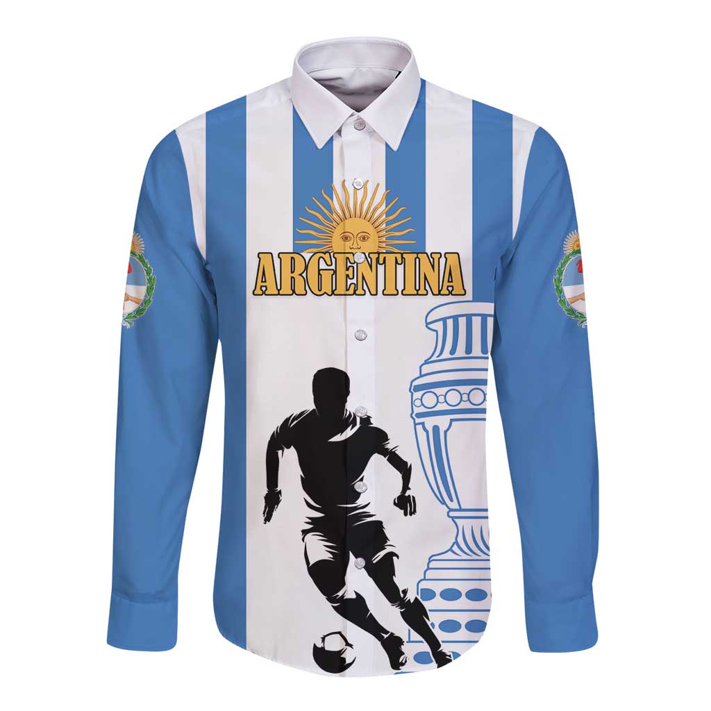 Argentina striped long-sleeve button shirt, front crest and football player graphic