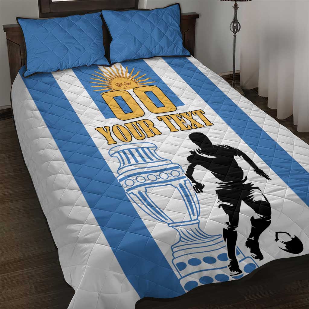 Blue and white quilt bed set with soccer player graphic, includes two matching pillows