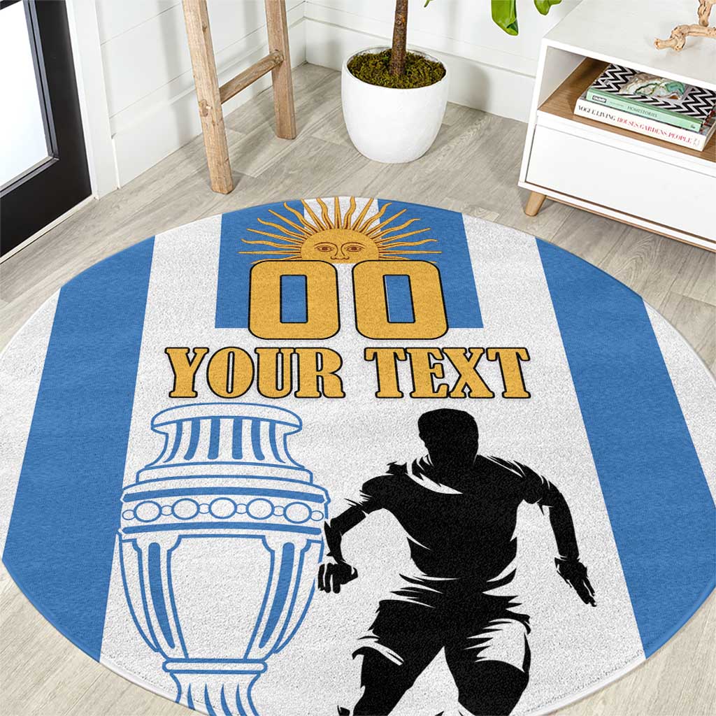 Round blue-and-white Argentina football rug with 'YOUR TEXT' and player silhouette