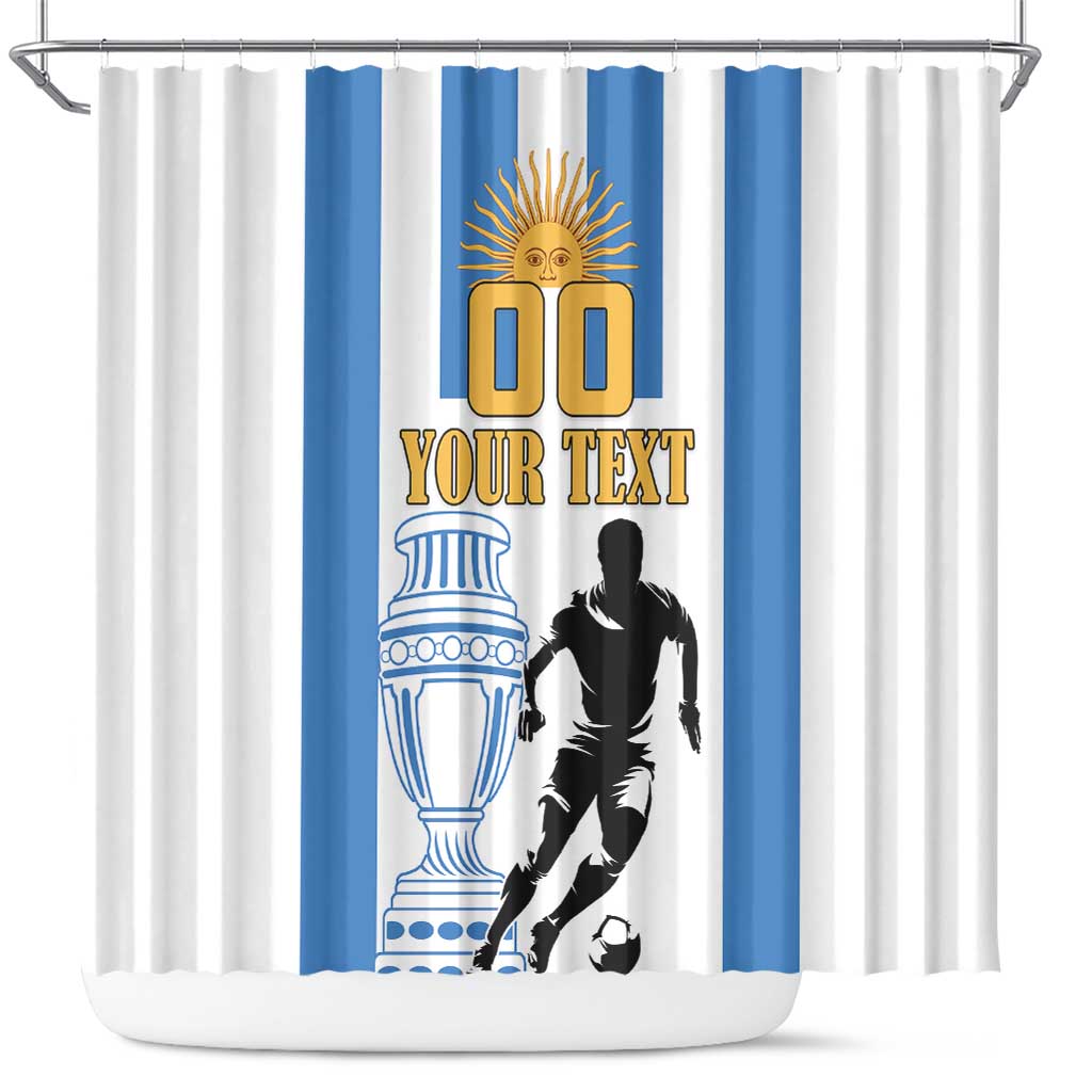 Football shower curtain with white/blue stripes, trophy, soccer player silhouette, 00 text