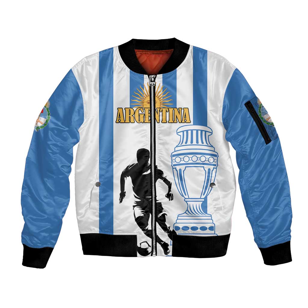 White and blue striped zip bomber jacket with Argentina graphic, black ribbed hem and cuffs
