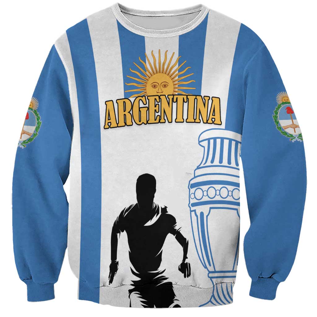 Unisex Argentina football sweatshirt, blue/white vertical stripes, crewneck, front graphic