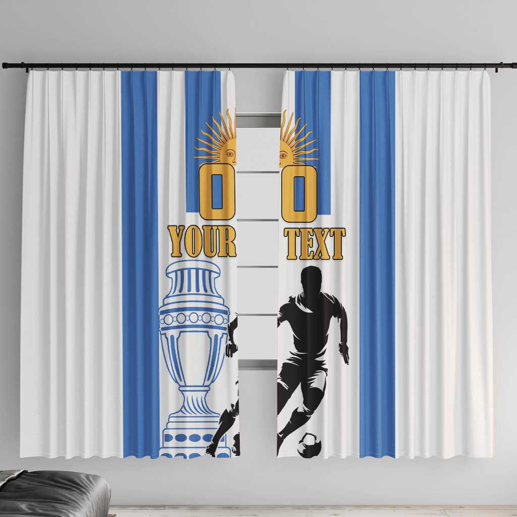 Argentina football window curtain with blue stripes, gold emblem, and black player silhouette