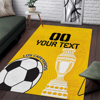 Yellow soccer area rug with bold text, soccer ball corner, and trophy at right