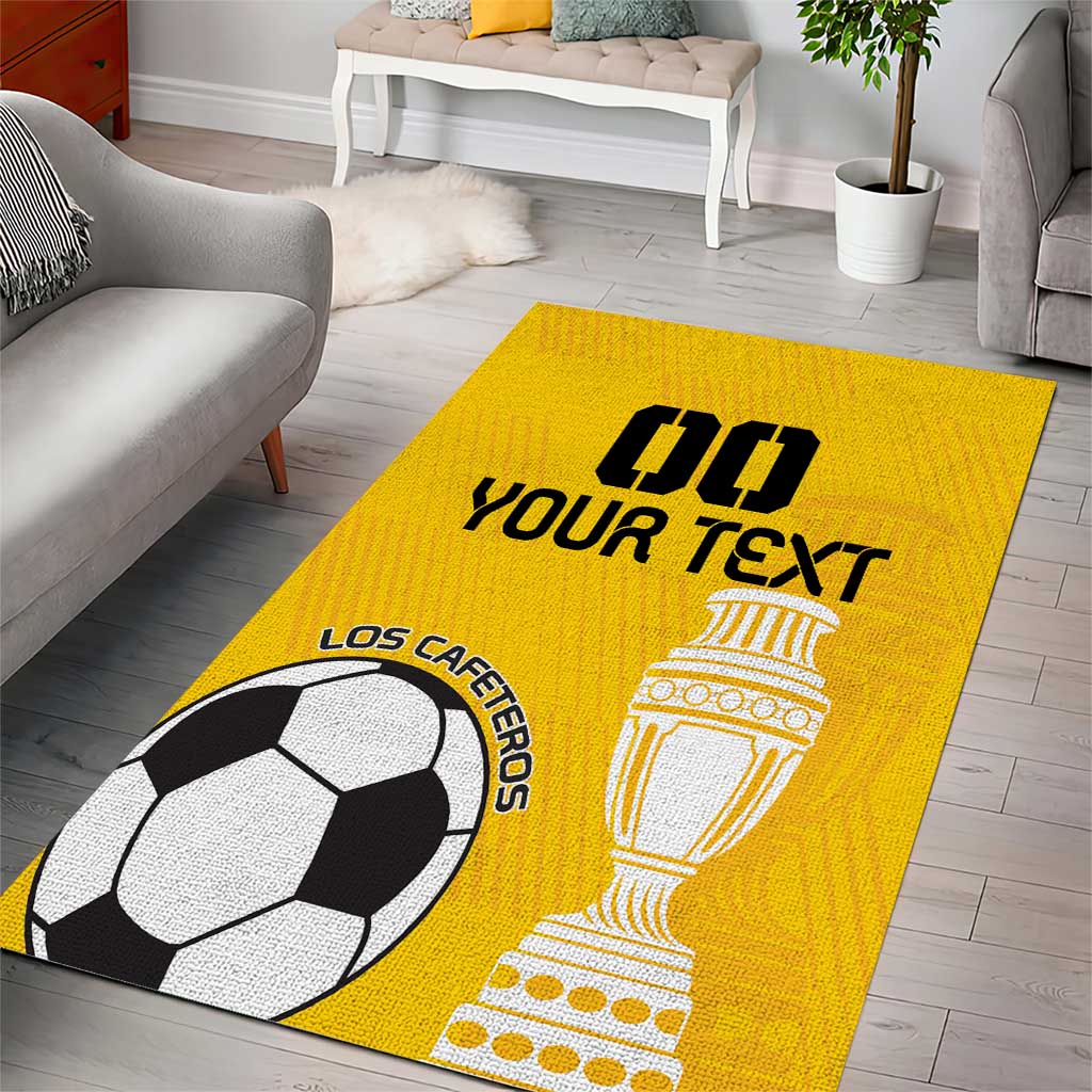 Yellow soccer area rug with black text, soccer ball, and trophy graphic
