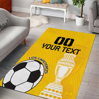 Yellow soccer area rug with black text, soccer ball, and trophy graphic