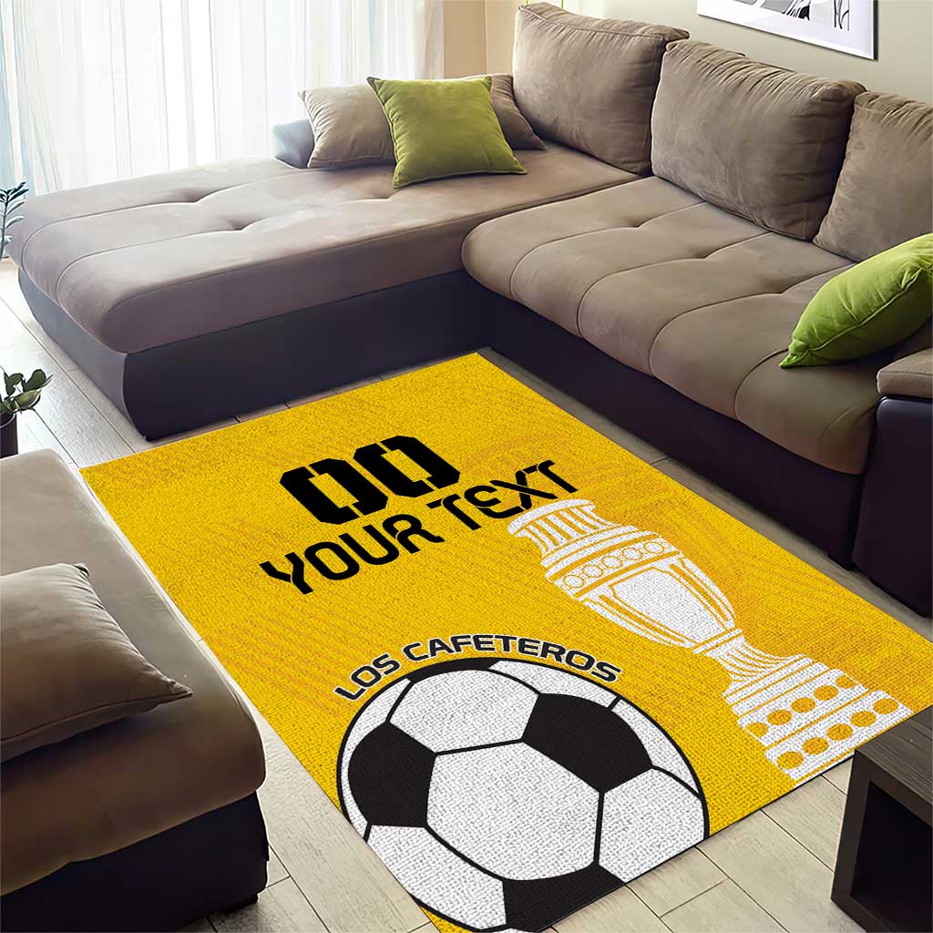 Yellow soccer area rug with soccer ball and trophy, bold slogan centered