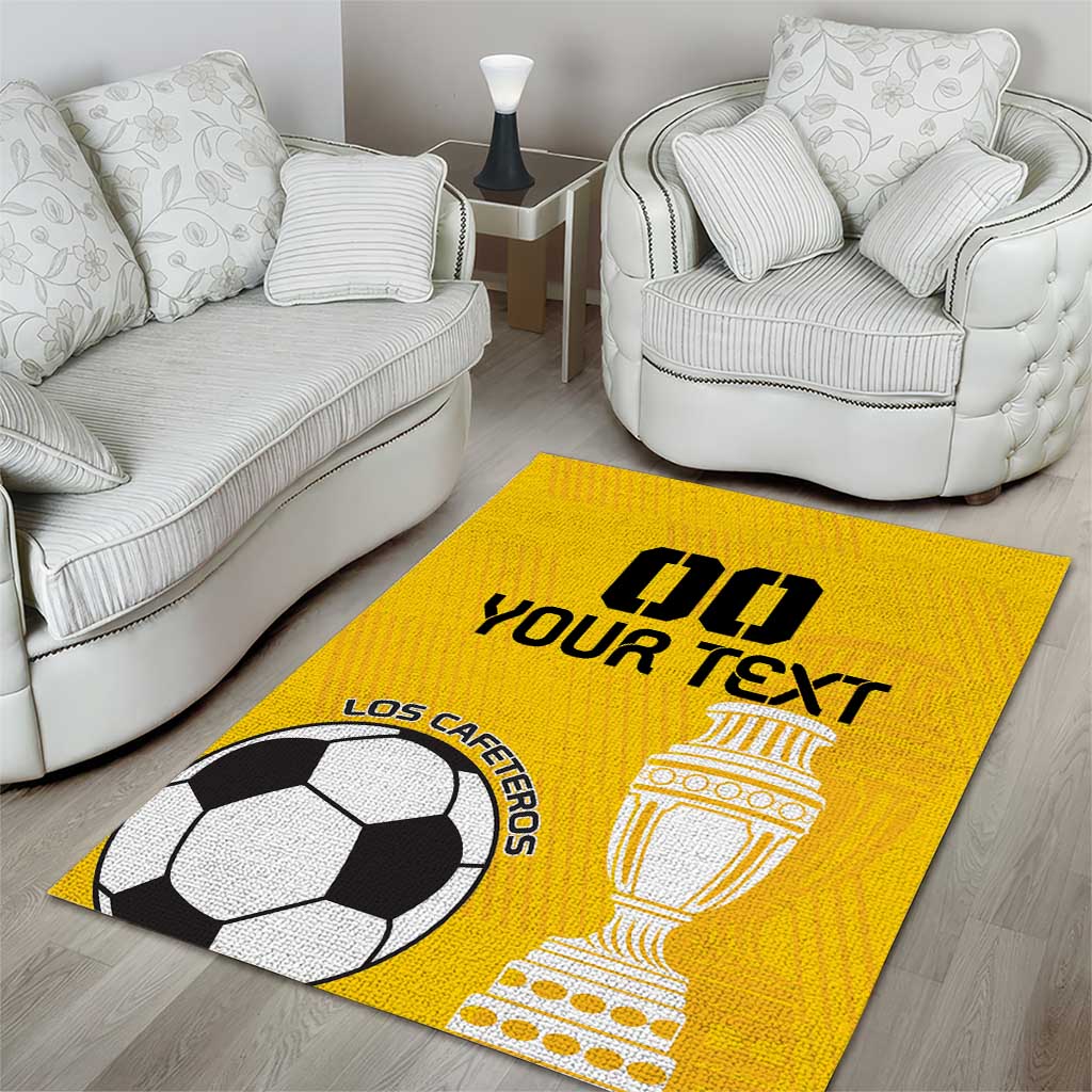 Yellow soccer area rug with soccer ball, trophy, and slogan text on living room floor