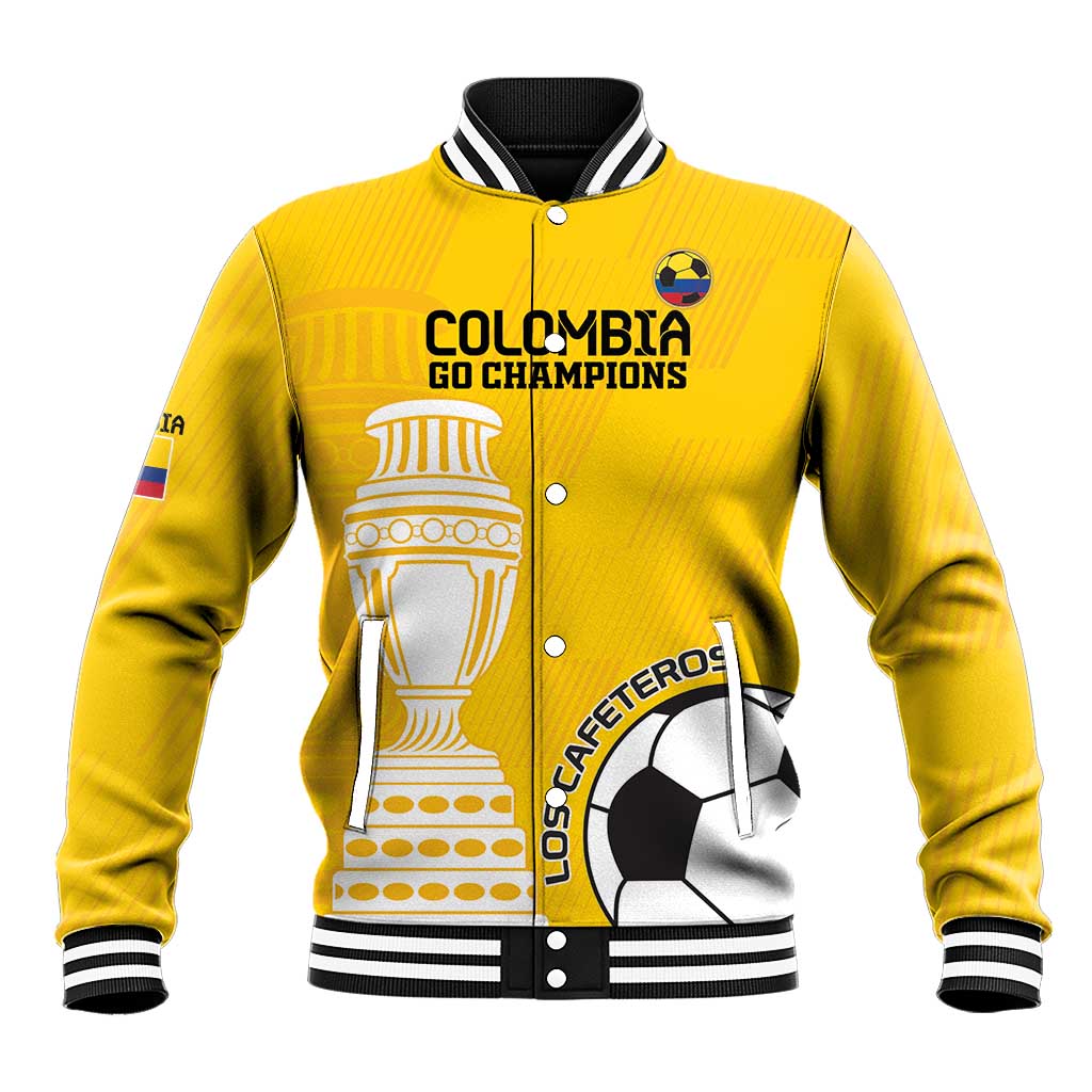 Yellow baseball jacket with striped collar, button front, trophy and soccer graphics