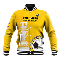 Yellow baseball jacket with striped collar, button front, trophy and soccer graphics