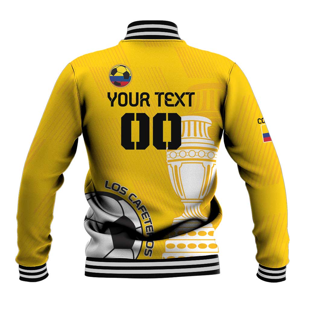 Yellow baseball jacket with striped cuffs and large back print, trophy and soccer ball